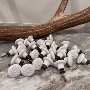29pc White Ceramic Floral Cabinet Knobs Vintage Style Drawer Pulls Antique Brass